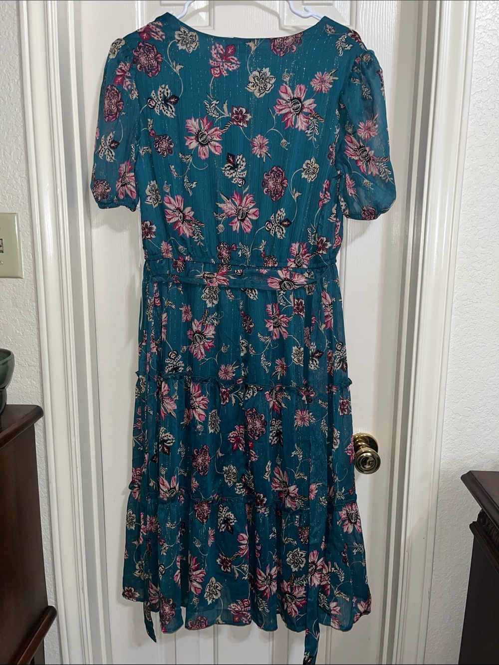 Mimi Chica Teal Floral Tiered Midi Dress Large - Picture 7 of 8